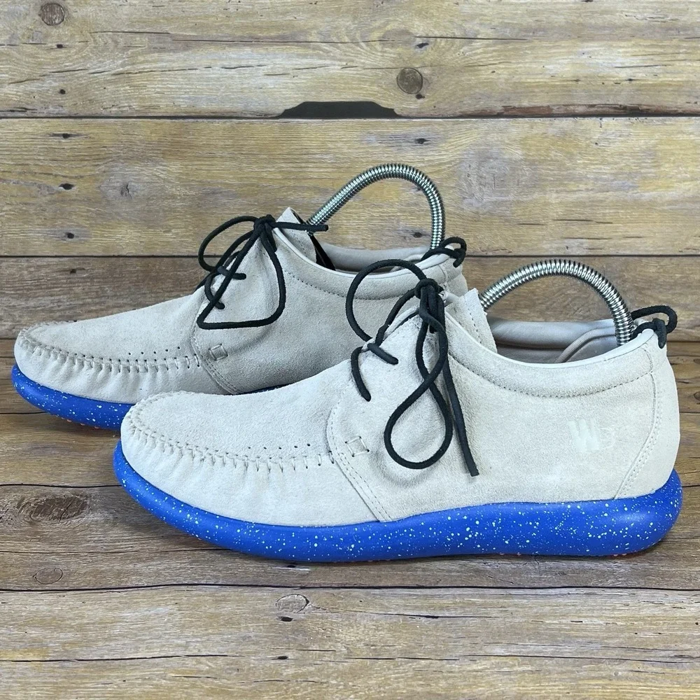 Worldboots Sz‎ 11 Mens Moccasin Sneakers 100% Leather Suede Taupe and Royal Blue